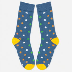 Vilora Fashion Blue Star Print Crew Socks – Yellow Contrast Heel & Toe