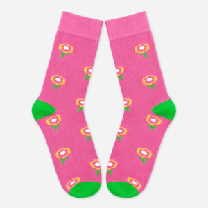 Vilora Fashion Pink Floral Crew Socks – Green Contrast Heel & Toe