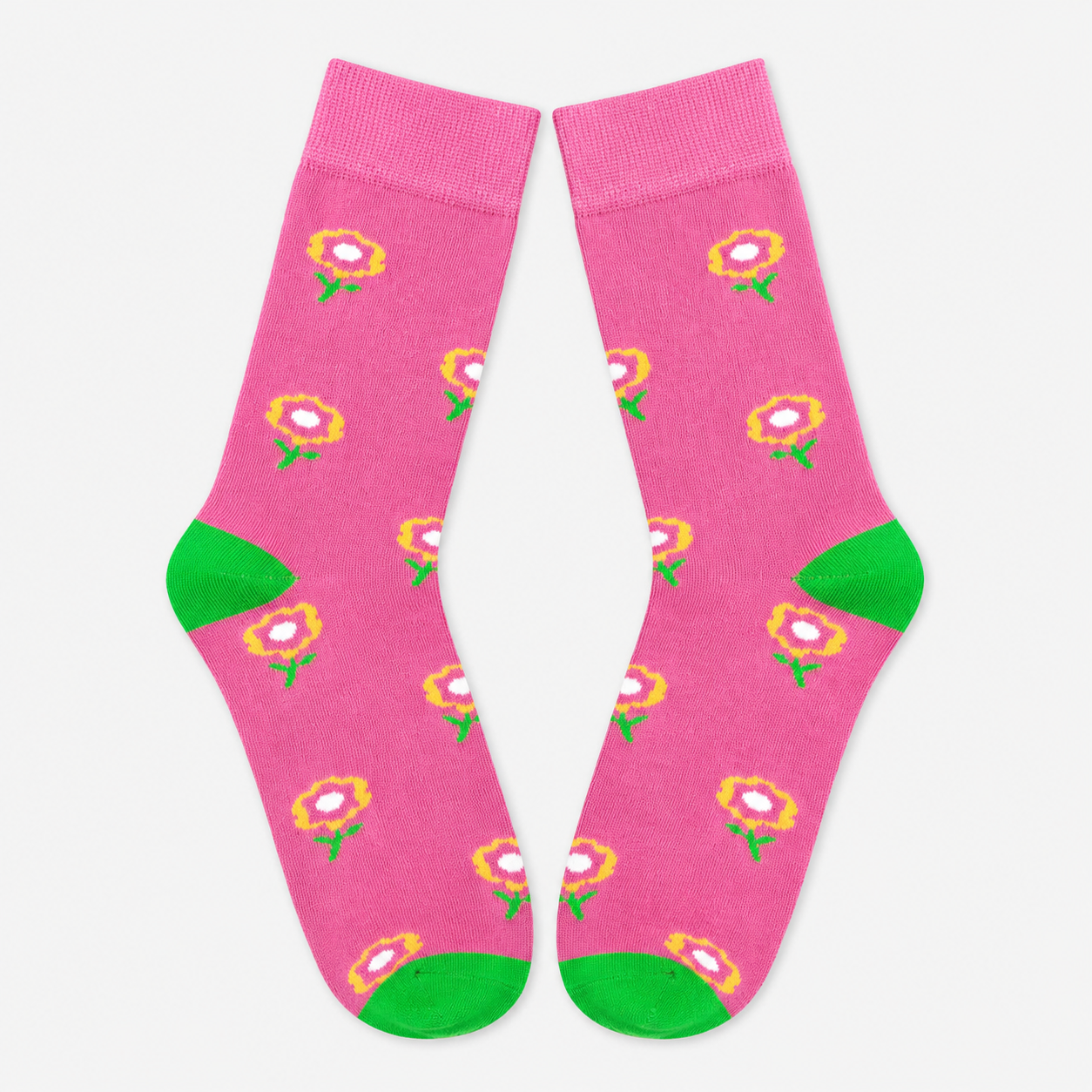 Vilora Fashion Pink Floral Crew Socks – Green Contrast Heel & Toe