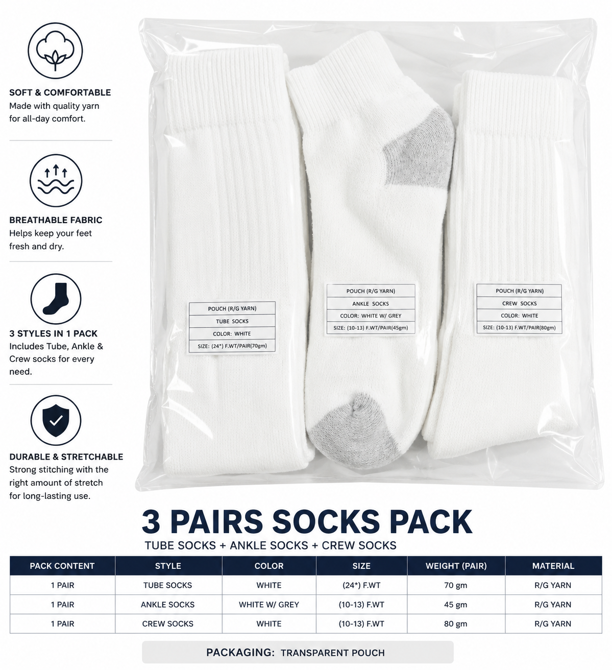 Vilora Fashion White Socks Essentials Pack – Tube, Ankle & Crew Styles